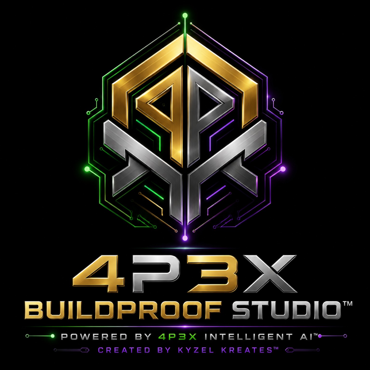 4P3X BuildProof Studio™ logo powered by 4P3X Intelligent AI™ created by Kyzel Kreates™