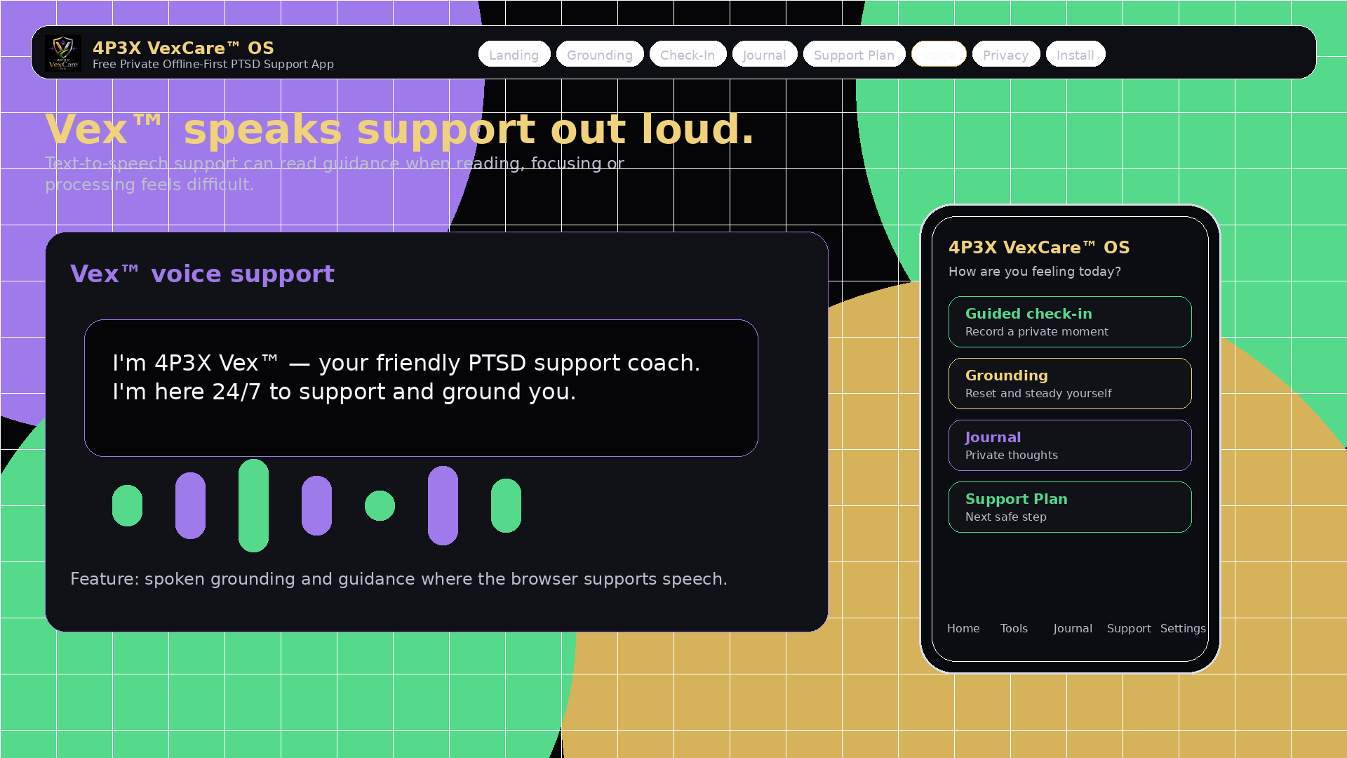 4P3X VexCare OS Vex voice support screenshot showing spoken guidance support out loud.