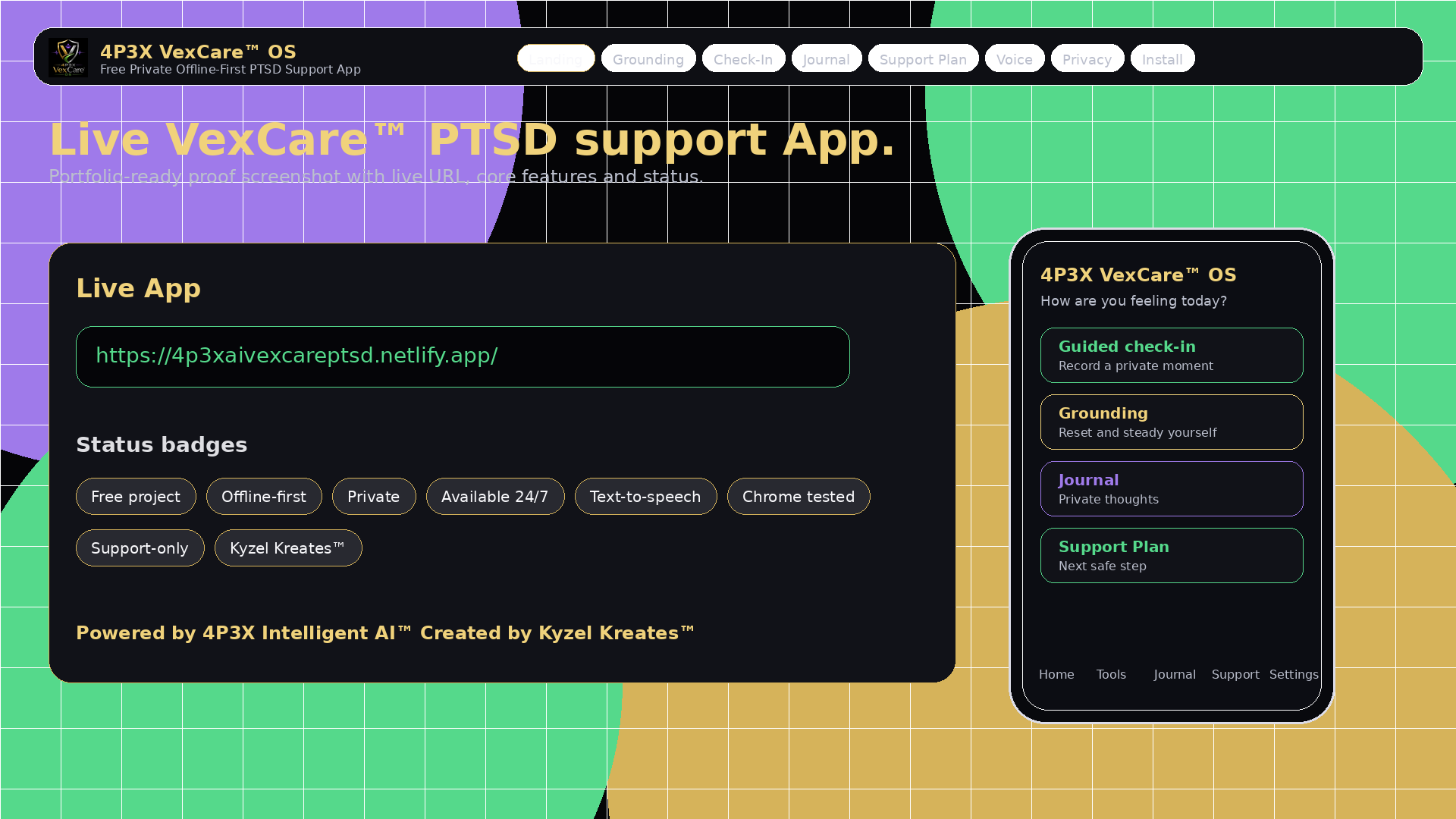 4P3X VexCare OS live URL screenshot showing https://4p3xaivexcareptsd.netlify.app and status badges.